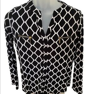 MICHAEL KORS Black & White Diamond Zipper Pockets Long Sleeve PS